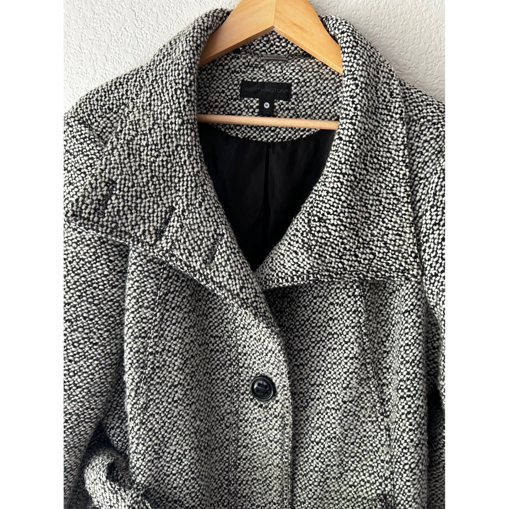 Worthington Womens 1X Black White Boucle Funnel Neck Belted Trench Coat Jacket - Picture 5 of 15